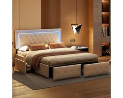 Bed 160x200 cm met LED-hoofdbord - tweepersoons tienerbed met 4 opbergladen, bedframe met lattenbodem, zonder matras, PU Wit