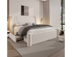 Bed 160x200 cm met opbergruimte, 2 lades en USB-oplader, volwassen bed met lattenbodem, 3D-kolomdesign, Fluweel, beige(Matras niet inbegrepen)