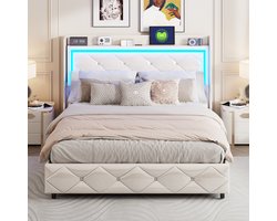 Bed 160x200 cm, tweepersoonsbed Hydraulisch opbergbed met lattenbodem, hoofdbord met LED en USB, bedframe voor volwassenen en tieners, zonder matras, PU glanzend wit