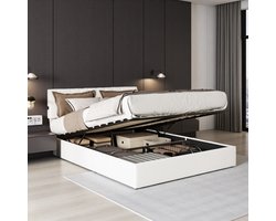 Bed 160x200 met Opbergruimte en Oplaadpunten – Teddy Stof Tweepersoonsbed Crème met Gaslift Opbergbed – Modern Bedframe 160x200