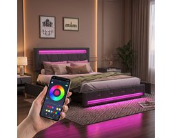 Bed 160x200 Tweepersoons Grijs Linnen – Opbergbed met 4 Lades, LED Verlichting, Verstelbaar Hoofdbord en USB Opladen