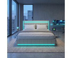 Bed 180x200 Tweepersoons Beige Linnen – Met 4 Lades, LED, Hoofdbord en USB Opladen – Slaapkamer Bed