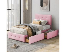 Bed 90 x 200 cm – met gestreept bedframe – met rugleuning en twee lades – huidvriendelijke fluwelen bekleding – plat eenpersoonsbed – kinderbed – tienerbed – logeerbed (zonder matras) – roze