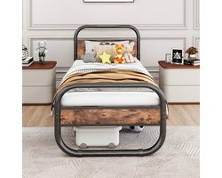 Bed 90 x 200 - Metal and Wood Bed Frame with Slatted Frame - Stalen Bed - 90 x 200 cm - Zwart