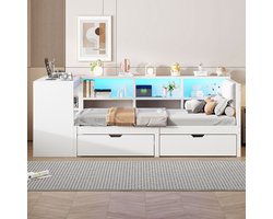 Bed 90x200 cm - Houten bed met opbergruimte - Gestoffeerd hoofdbord - 2 lade- USB-aansluiting en ledverlichting in 7 kleuren - Wit