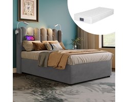 Bed 90x200 cm - Matras 7 Zonen H3 - Lattenbodem Fluweel - Hoofdbord - 2 USB-poorten - Leeslamp - Opbergruimte - Grijs - Max. 150 kg