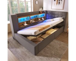 bed 90x200 cm met opbergruimte en LED-verlichting – linnen – voor moderne slaapkamer – praktisch en ruimtebesparend ontwerp