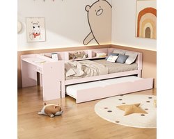 Bed 90x200 cm - Met Uitschuifbed En Bureau - Drie Zijplanken - Hout - Roze