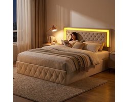 Bed – Boxspring – Slaapbed – 2-persoonsbed – Opbergbed – 160x200 cm – Beige Velvet – Met Hydraulische Opbergruimte