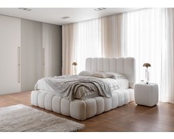 Bed Cande Luxe - Teddy stof bouclé Ivoor - Bed met Opbergruimte 180x200 cm - Boxspring Bedden en Matrassen Seatsandbeds