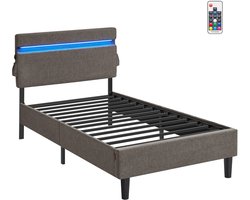Bed - Eenpersoonsbed - Gestoffeerd bed - Met LED Verlichting - 25 Kleuren - Hoofdbord Verstelbaar - Met USB en USB-C poort - Oplaadfunctie - Grijs - 90x200cm