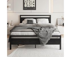 Bed Frame 140 x 200 cm - Dubbele Bed - Metaal Bed Frame - Houten Lattenbodem - Hoofdbord - Gast Bed - Tiener Bed - Voor Slaapkamer - Gastenkamer - Zwart