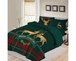 Bed Glow & Apparel Merry Christmas Dekbedovertrek 200x200 – Donkergroen Tartan – Gouden Rendieren – Inclusief 2 Kussenslopen 60x70