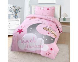 Bed Glow & Apparel – Sweet dreams Beddengoedset | Dekbedovertrek 140x200 + Hoeslaken 90x200+25 + Kussensloop 60x70 | 100% Katoen | Roze