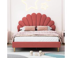Bed kinderbed 140 x 200 cm met gebloemd hoofdeinde, bedframe met lattenbodem, gouden ijzeren poten, meisjesbed, tweepersoonsbed, jeugdbed, fluwelen stof, wijnrood