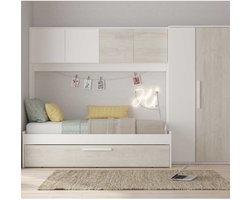 Bed Lev 90x200 cm met kast en bedlade - grenen/wit - Trasman - Back to School - Wit - Spaanplaat - Back to School - Eenpersoons - Normaal bed - Op voorraad