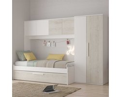 Bed Lev 90x200 cm met kast en bedlade - grenen/wit - Trasman - Eenpersoons bedkader - Wit - Spaanplaat Eenpersoons Normaal bed