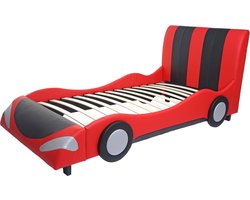 Bed MCW-E14, auto jongen kinderbed jeugdbed, lattenbodem kunstleer hout 190x100cm ~ zwart-rood