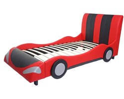 Bed MCW-E14, auto Jongensbed Jeugdbed, lattenbodem Kunstleer Hout 190x100cm ~ zwart-rood