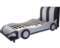 Bed MCW-E14, auto Jongensbed Jeugdbed, lattenbodem Kunstleer Hout 190x100cm ~ zwart-zilver