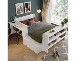 Bed Met Bureau en Opbergruimte - 120 x 200 cm - Hout - Wit - Zijmodule Links of Rechts - Met Klapvak