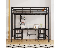 Bed met ijzeren frame, stapelbed met tafel en planken, geschikt voor kinderen en tieners, kinderbed met zijladder, met valbeveiligingsrooster, ijzer + MDF, zwart, 90x200cm