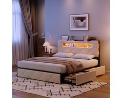 Bed met LED en USB - Boxspring bed - Ontspannen slapen - Vier opberglades - 140 x 200 cm - Beige