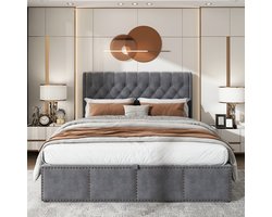 Bed met opbergruimte 140x200 cm met geklonken decoratie, volwassen bed met lattenbodem, gestoffeerd bed in fluweel, grijs(Matras niet inbegrepen)