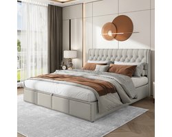 Bed met opbergruimte 180x200 cm bedframe met hoofdbord en geklonken decoratie, gestoffeerd tweepersoonsbed in katoen en linnen, lichtgrijs(Matras niet inbegrepen)
