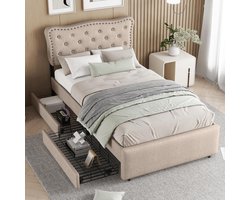 Bed met opbergruimte - Eenpersoonsbed - Slaapkamer organiseren - Golvend hoofdeinde - 90x200 cm - Donker beige