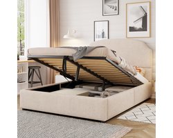 Bed met zachte matras - 140x200 - voorzien van hydraulische opbergruimte - tweepersoonsbed - zacht gestreept fluweel - breed hoofdeinde - beige