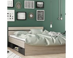 Bed Micheline 140 x 190 cm-geborstelde eik/matzwart - CBA - Tweepersoons bedkader - Bruin; Zwart - Melamine; Spaanplaat Tweepersoons Normaal bed