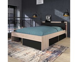 Bed Most 160x200cm - eik/zwart - Parisot - Tweepersoons bedkader - Bruin; Zwart - Spaanplaat Tweepersoons Normaal bed