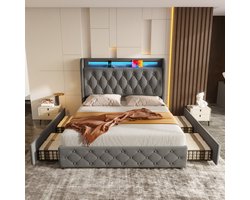 Bed - Opbergbed - Gestoffeerd bed - Fluweelstof - Met LED-verlichting en USB-poort - Hoofdbord met plank en opbergruimte - Tweepersoonsbed met 4 lades - Geen matras - 140x190 cm - Grijs