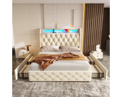 Bed - Opbergbed - Gestoffeerd bed - Fluweelstof - Met LED-verlichting en USB-poort - Hoofdbord met plank en opbergruimte - Tweepersoonsbed met 4 lades - Matras niet inbegrepen - 140x190 cm - Wit