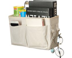 Bed organizer met beugel - Opbergtas voor bed of bank - Universeel - Ophang model - Met verschillende vakjes en haakjes - Beige
