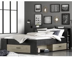 Bed Polly 140 x 190 cm-Sidewalk zwart/Kronberg eik - CBA - Tweepersoons bedkader - Zwart - Melamine; Spaanplaat Tweepersoons Normaal bed