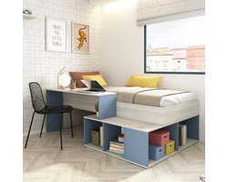 Bed Quinn 90x200 cm met bureau en opbergruimte - grenen/ blauw - Trasman - Halfhoogslaper - Blauw - Spaanplaat Eenpersoons Halfhoogslaper