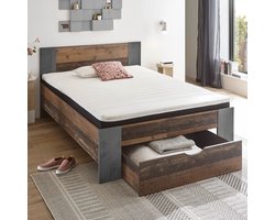 Bed Rudi 140x200 Met 1 Lade - Old Style/beton - Emob - Tweepersoons Bedkader - Bruin; Betonlook - Spaanplaat Tweepersoons Normaal Bed