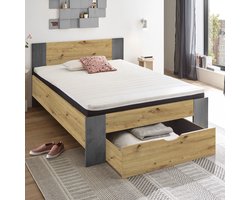 Bed Rudi 140x200 Met 1 Lade - Oude Eik/beton - Emob - Tweepersoons Bedkader - Bruin; Betonlook - Spaanplaat Tweepersoons Normaal Bed