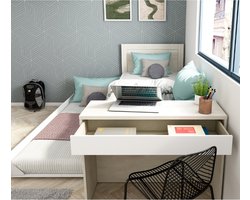 Bed Shipley 90x200 Met Bureau En Lade - Wit Grenen - Trasman - Eenpersoons Bedkader - Wit - Melamine; Spaanplaat Eenpersoons Normaal Bed