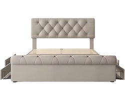 Bed - Tweepersoonsbedden - Tweepersoonsbed - Twijfelaar - Voor Slaapkamer - Functioneel Tweepersoonsbed met Chesterfield Hoofdeinde & 4 Laden - Inclusief Matras - 140x200cm