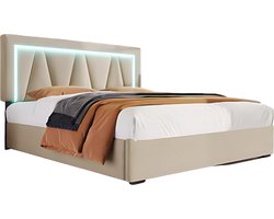 Bed - Tweepersoonsbedden - Tweepersoonsbed - Twijfelaar - Voor Slaapkamer - Met LED-verlichting, USB-C Oplaadfunctie, Lattenbodem & Opbergruimte - Linnen Bekleding - Inclusief Matras - 140x200 cm