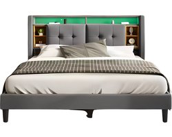 Bed - Tweepersoonsbedden - Tweepersoonsbed - Voor Slaapkamer - Met Opbergruimte, Hoofdeinde met USB-oplaadpunt & LED-verlichting - Bedrek & Houten Lattenbodem - Donkergrijs - 160x200 cm