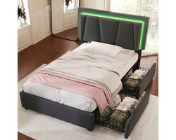 Bed van 90x200 cm met opbergruimte, ledverlichting en 2 lades - Eenpersoonsbed Gestoffeerd bed met in hoogte verstelbaar hoofdbord - Linnen - Grijs