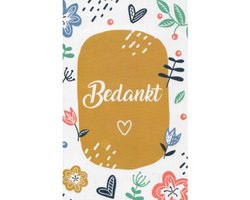 Bedankt! Een leuke kaart met diverse tekeningen. Deze kaart kan gegeven worden als je iemand ergens voor wilt bedanken. Leuk om zo te geven of om bij een cadeau te voegen. Een dubbele wenskaart inclusief envelop en in folie verpakt.