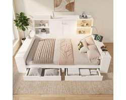 Bedbank - 140x200 Cm - Bed - Met Lattenbodem - Met Opbergruimte - USB C - Wit - Zonder Matras