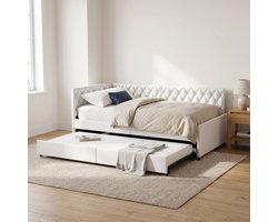 Bedbank - 90x200 cm - met Uitschuifbed - Slaapbank - Daybed - Fluwelen bed - Beige
