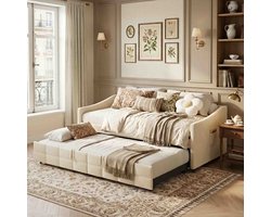 Bedbank 90x200cm - ADFBL - Crème Fluweel – Uitschuifbaar naar Tweepersoonsbed – Met Zijzakken & Hydraulisch Mechanisme