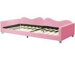 Bedbank gestoffeerd bed 90x200cm zonder matras huidvriendelijke zachte fluwelen stof modieus hoofdbord met speciale golvende vorm multifunctioneel 2-in-1 meubel als sofa en bed roze